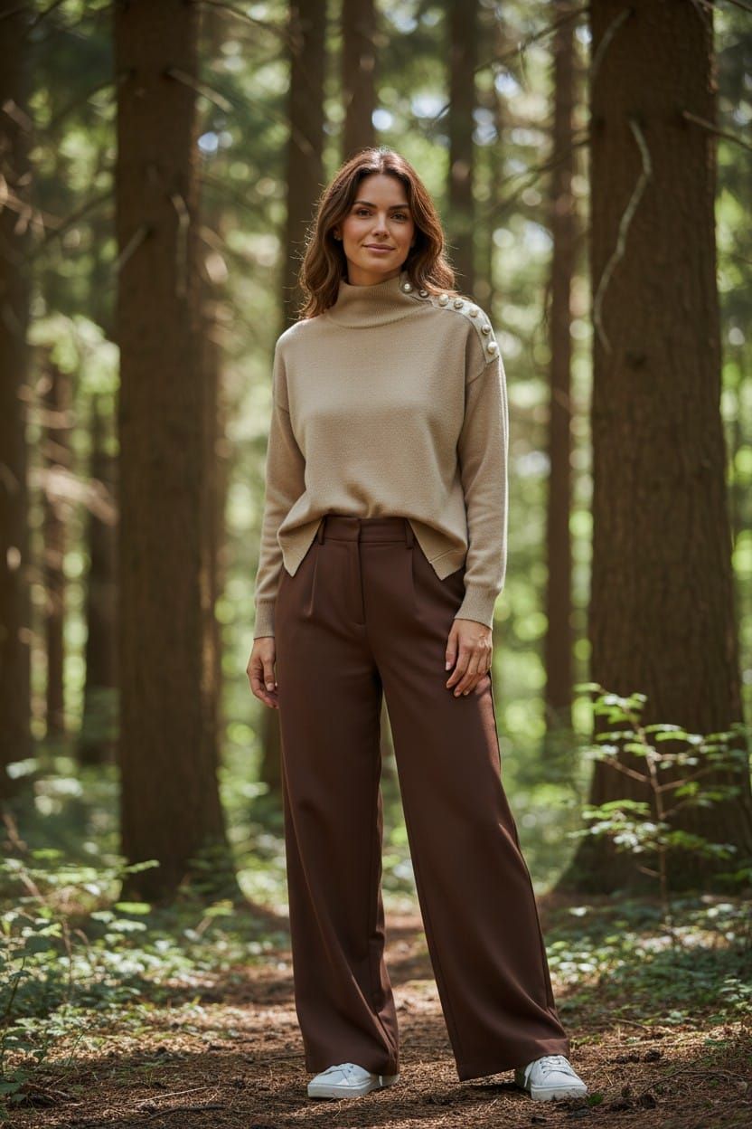 Mujer de pie en una habitación moderna, vestida con un suéter beige y pantalones marrones, sonriendo levemente.