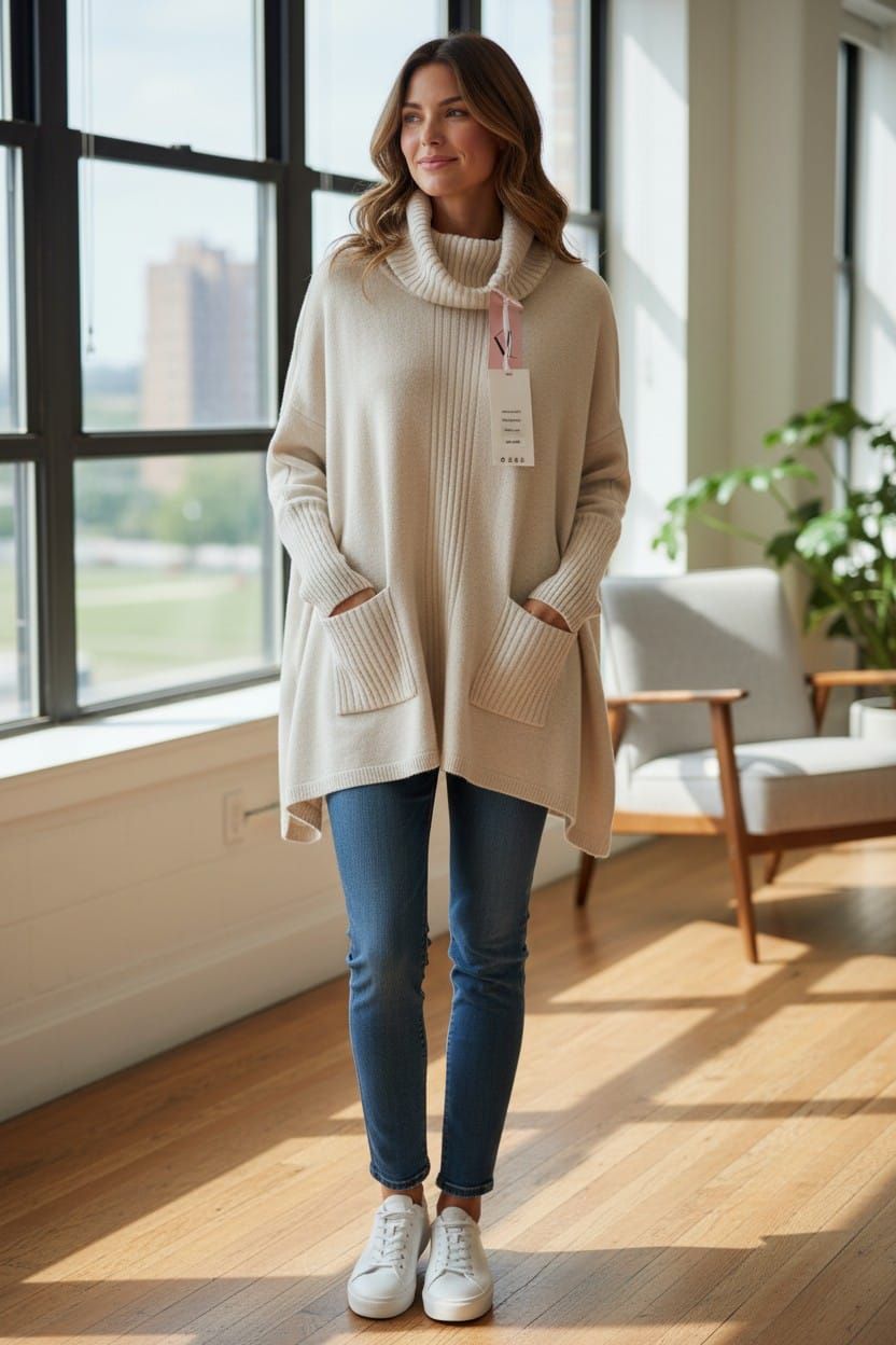 Mujer con jersey color crema y vaqueros de pie en una habitación luminosa junto a grandes ventanales.