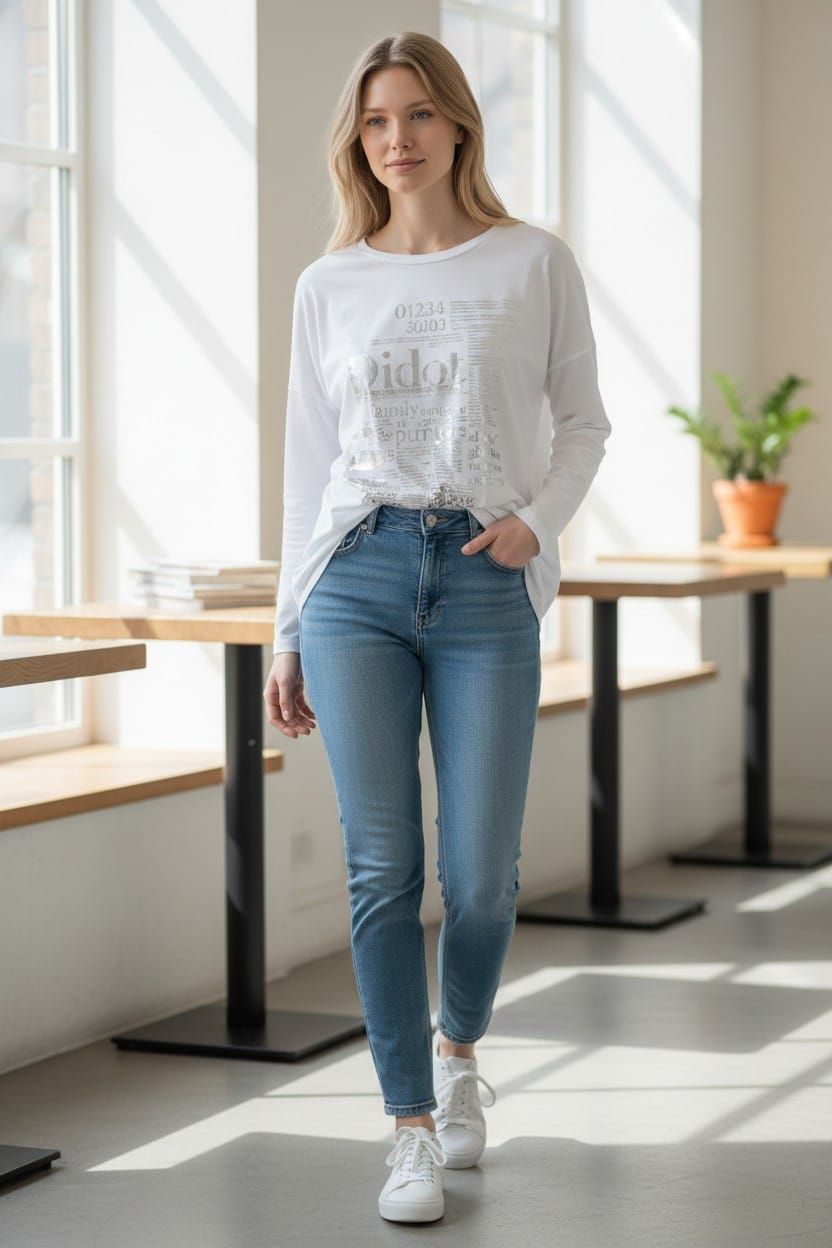 Mujer de pie en una habitación luminosa, vestida con una blusa blanca, vaqueros azules y zapatillas blancas.