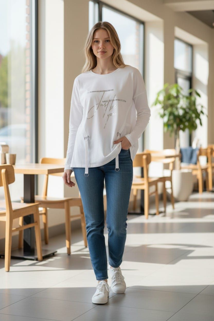 Mujer caminando dentro de una habitación luminosa, vestida con una blusa blanca, jeans y zapatillas blancas.