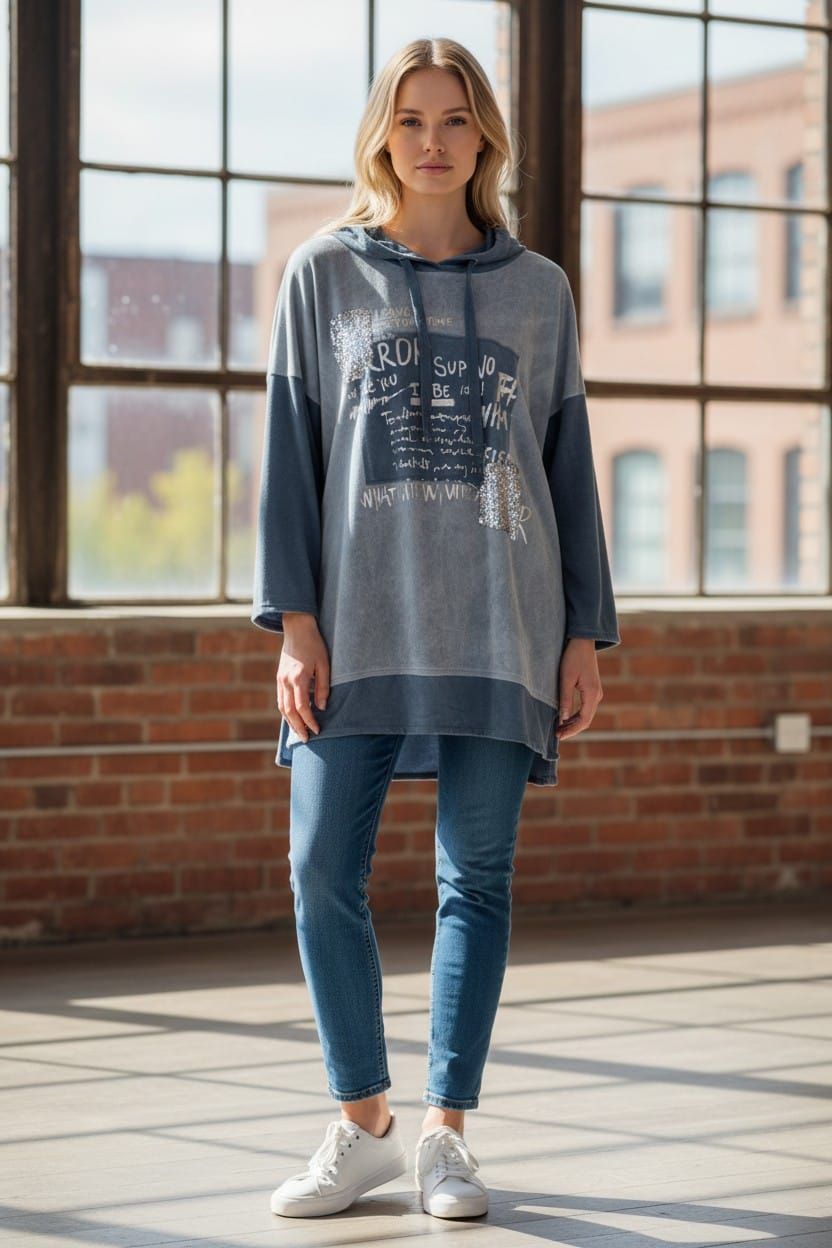 Persona de pie en un loft soleado, vestida con una túnica gris estampada, vaqueros azules y zapatillas blancas.