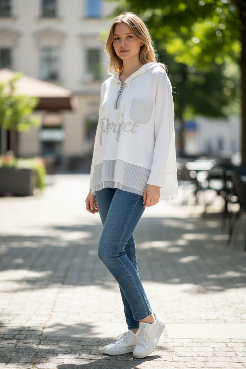 Mujer caminando dentro de una habitación luminosa, vestida con una blusa blanca, jeans y zapatillas blancas.