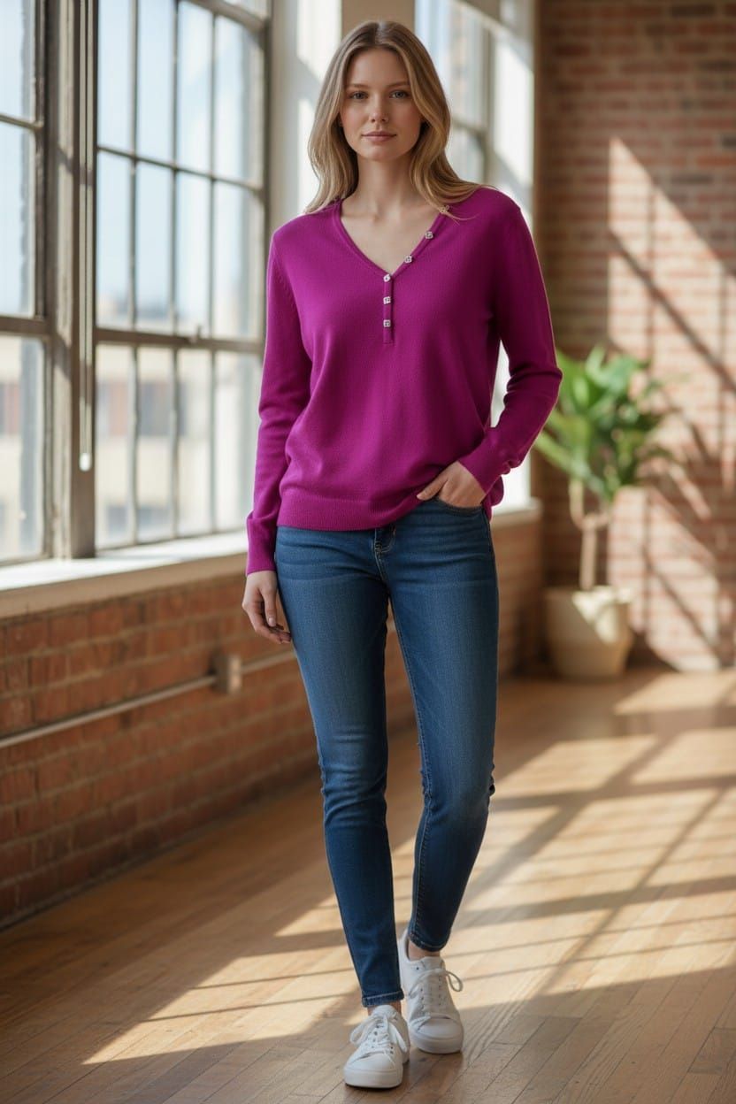 Mujer con blusa magenta y jeans de pie en un loft soleado junto a grandes ventanales.