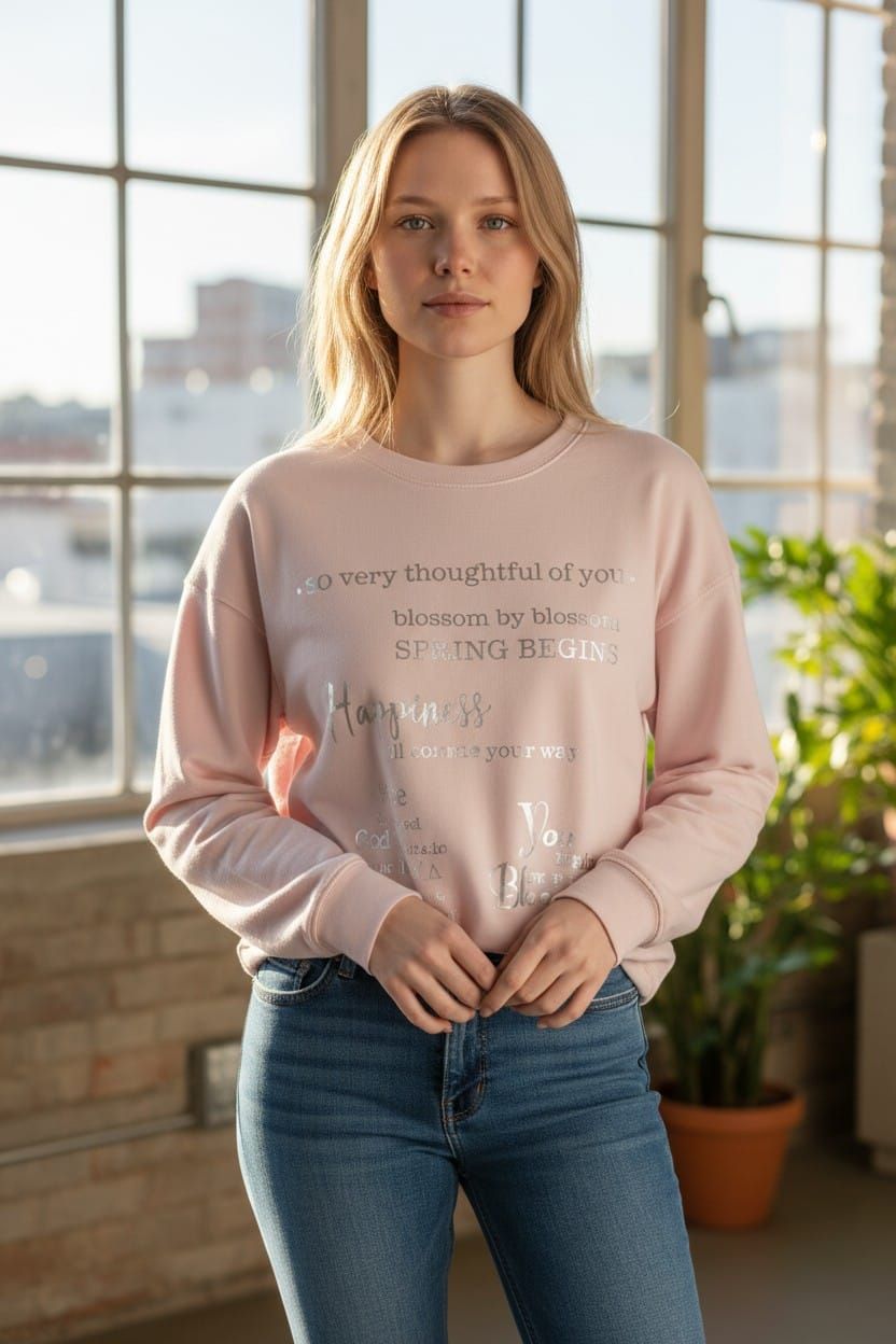 Mujer con sudadera rosa y vaqueros de pie junto a grandes ventanales en una habitación soleada.