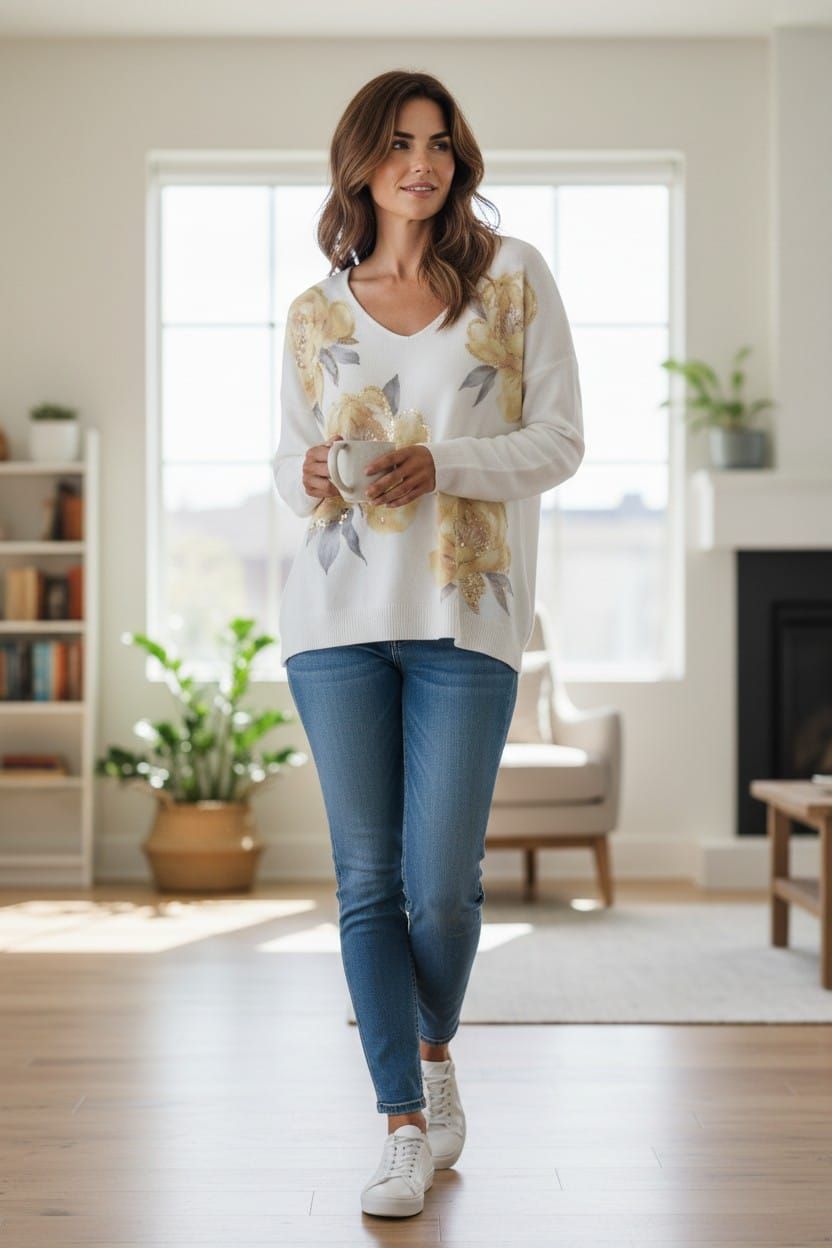 Mujer de pie en una luminosa sala de estar, vestida con una blusa blanca estampada de flores y vaqueros.