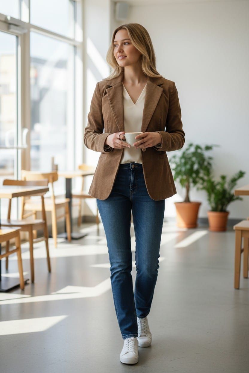 Mujer de pie en una cafetería luminosa, sosteniendo una taza y sonriendo, vestida con un blazer y jeans.