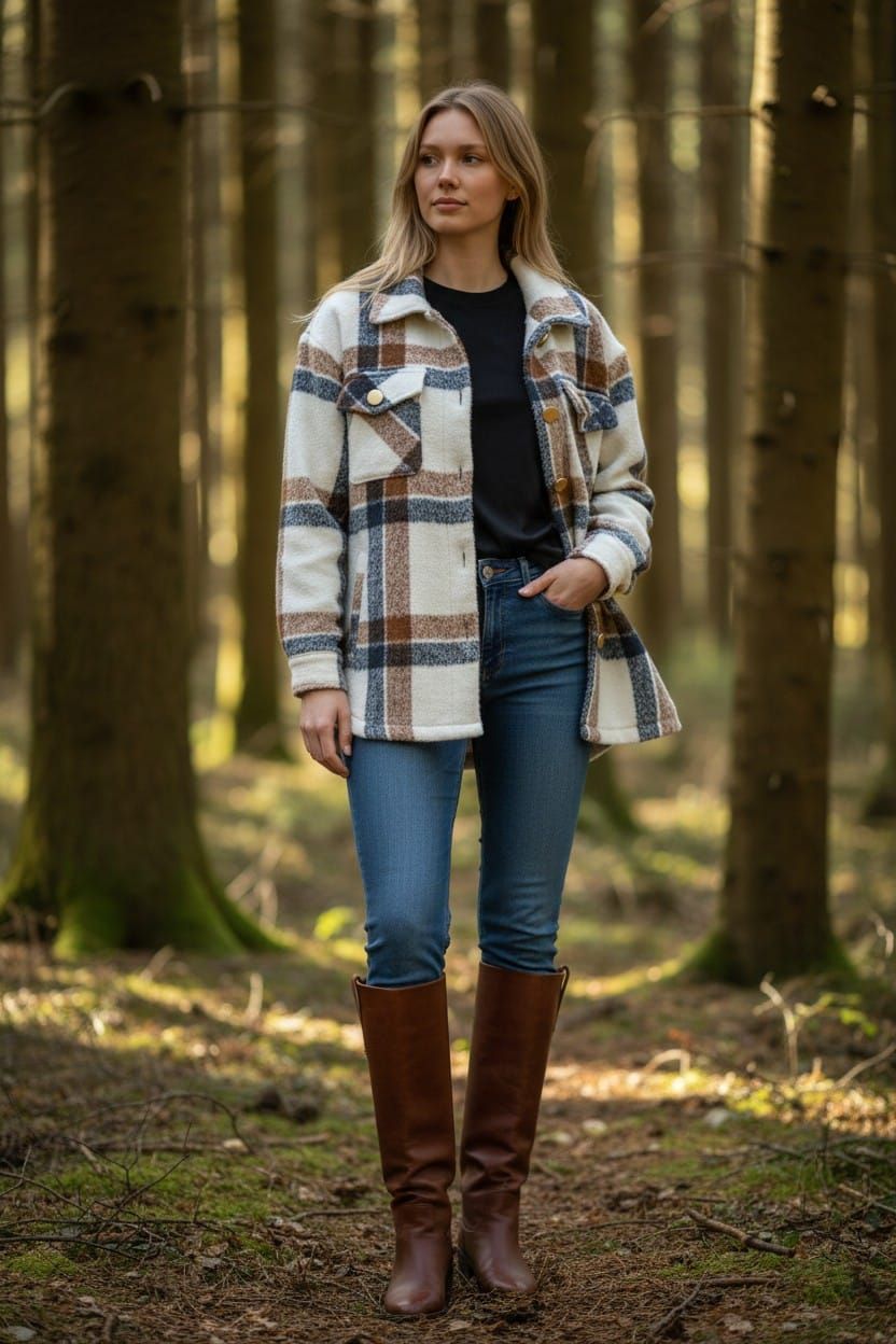 Mujer de pie en un bosque, vestida con una chaqueta de cuadros, vaqueros y botas marrones.