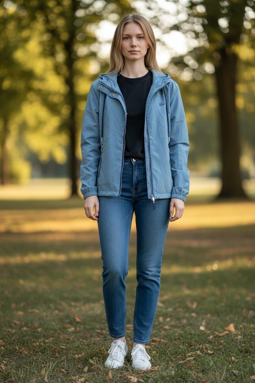 Persona de pie en un parque con chaqueta azul, camiseta negra, vaqueros y zapatillas blancas.