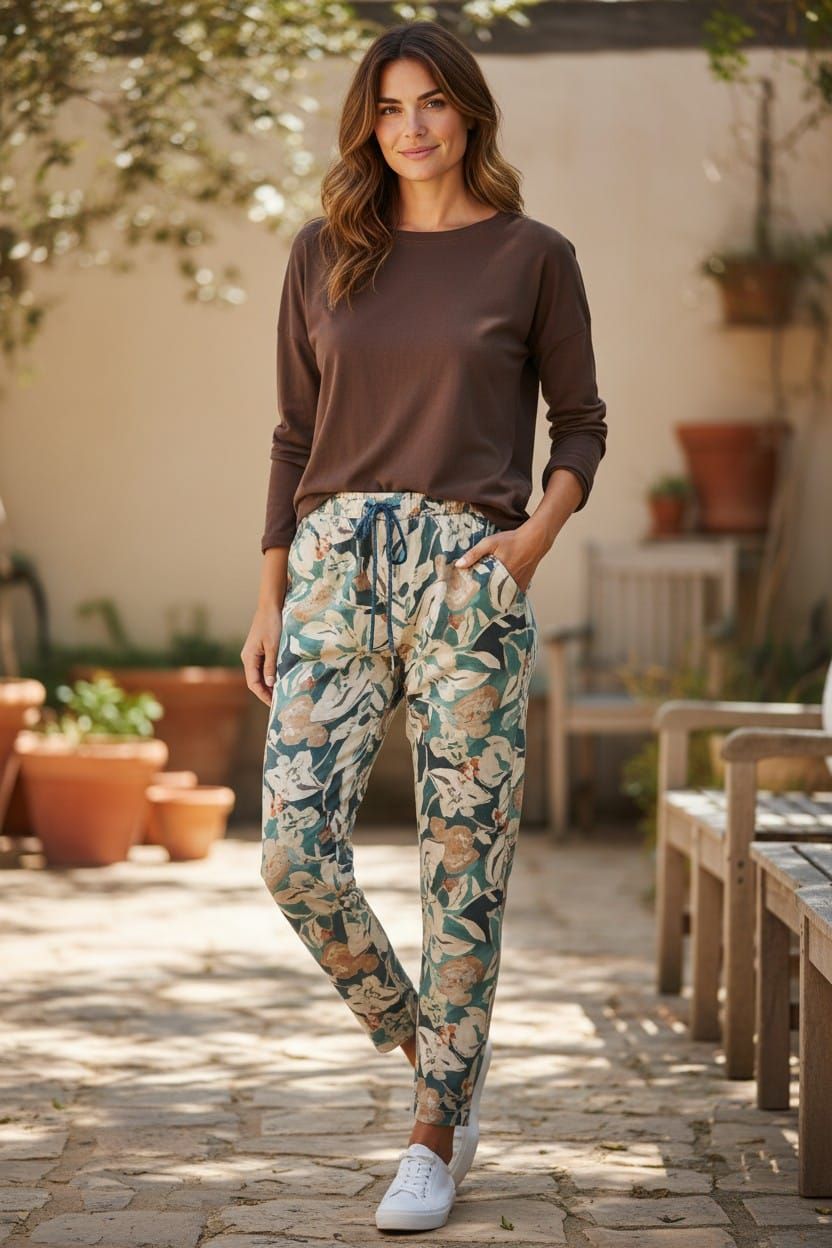 Mujer con blusa marrón y pantalones estampados de flores de pie en un patio soleado con plantas en macetas.