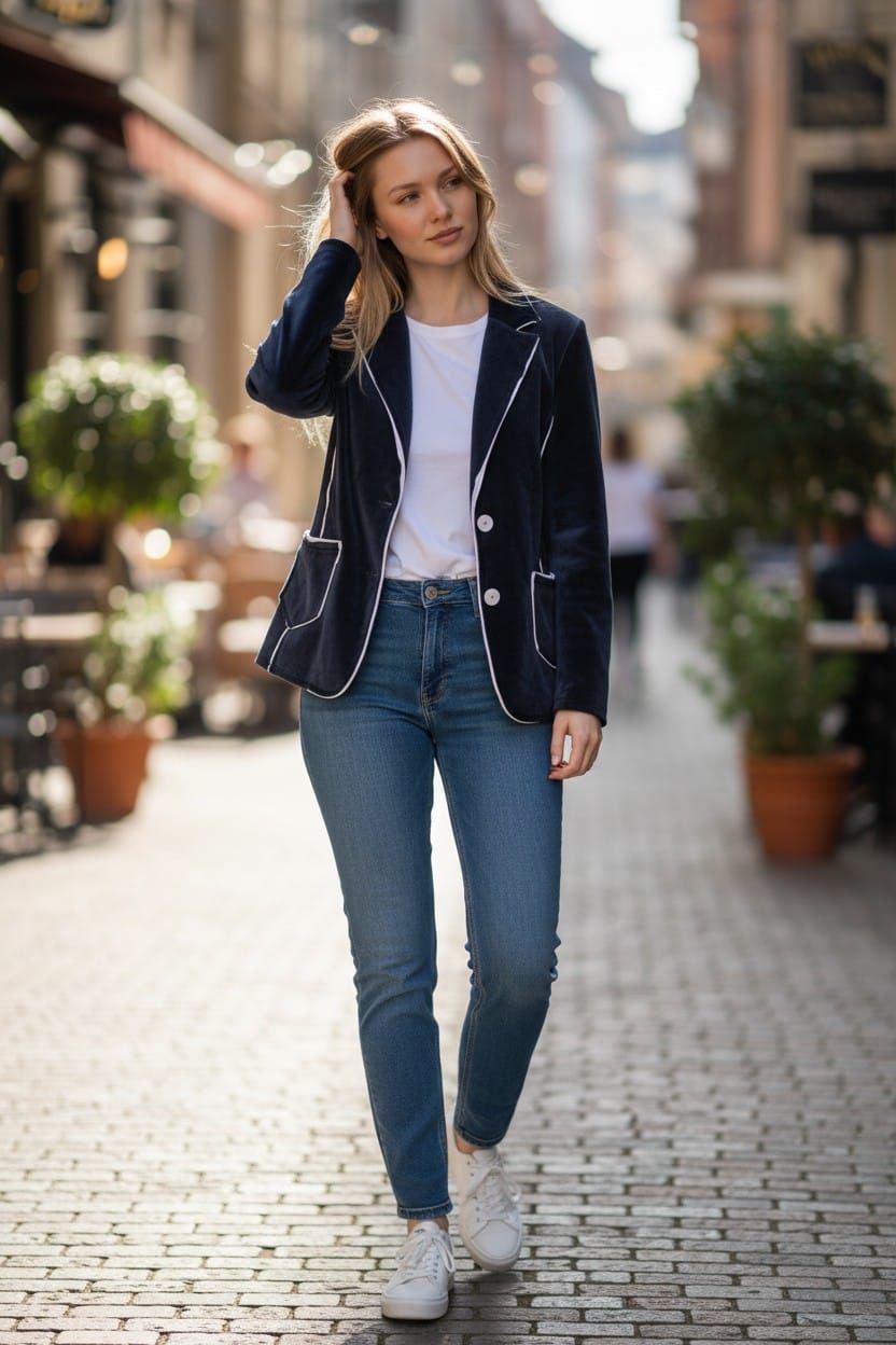 Mujer caminando por una calle empedrada con un blazer azul marino, una blusa blanca, jeans y zapatillas blancas.