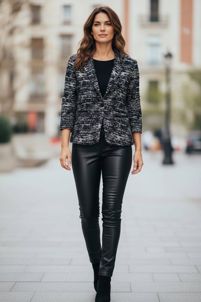 Mujer con blazer negro texturizado y pantalones de cuero caminando por una acera de la ciudad.