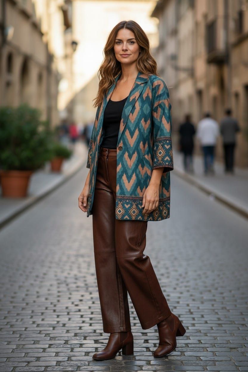 Persona elegante de pie en una calle empedrada, con chaqueta estampada, pantalones marrones y botas.