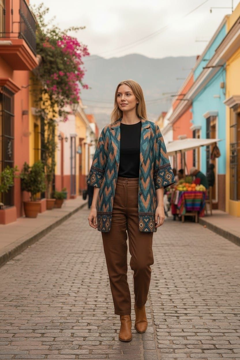 Persona elegante de pie en una calle empedrada, con chaqueta estampada, pantalones marrones y botas.