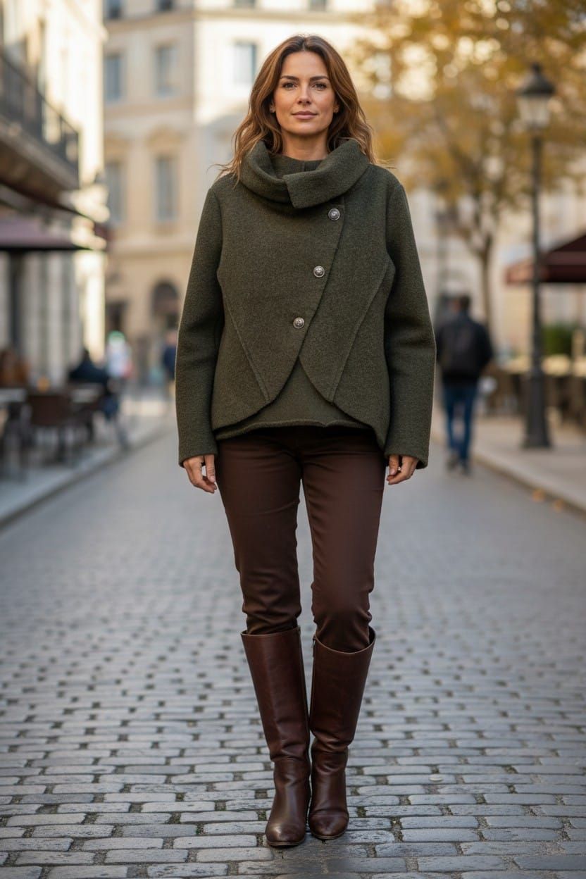 Mujer con abrigo verde oliva y botas marrones de pie en una calle empedrada en un entorno urbano.