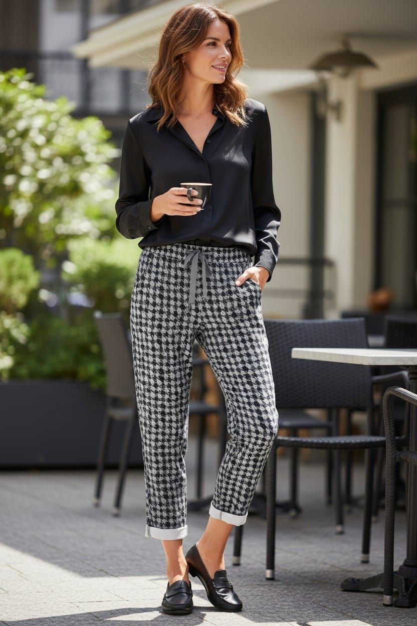 Mujer con blusa negra y pantalones estampados de pie al aire libre con una bebida cerca de las mesas de un café.