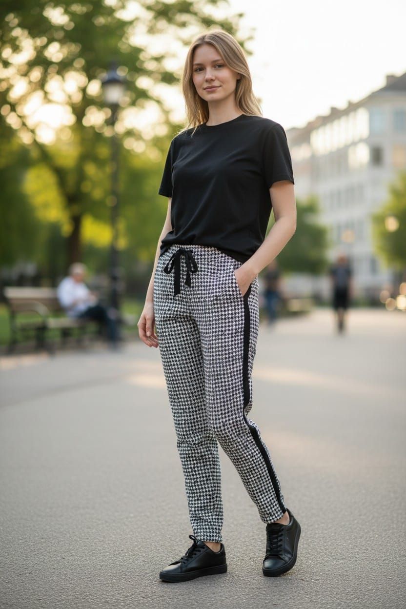 Persona de pie al aire libre en un sendero, vestida con una camiseta negra y pantalones estampados en blanco y negro.