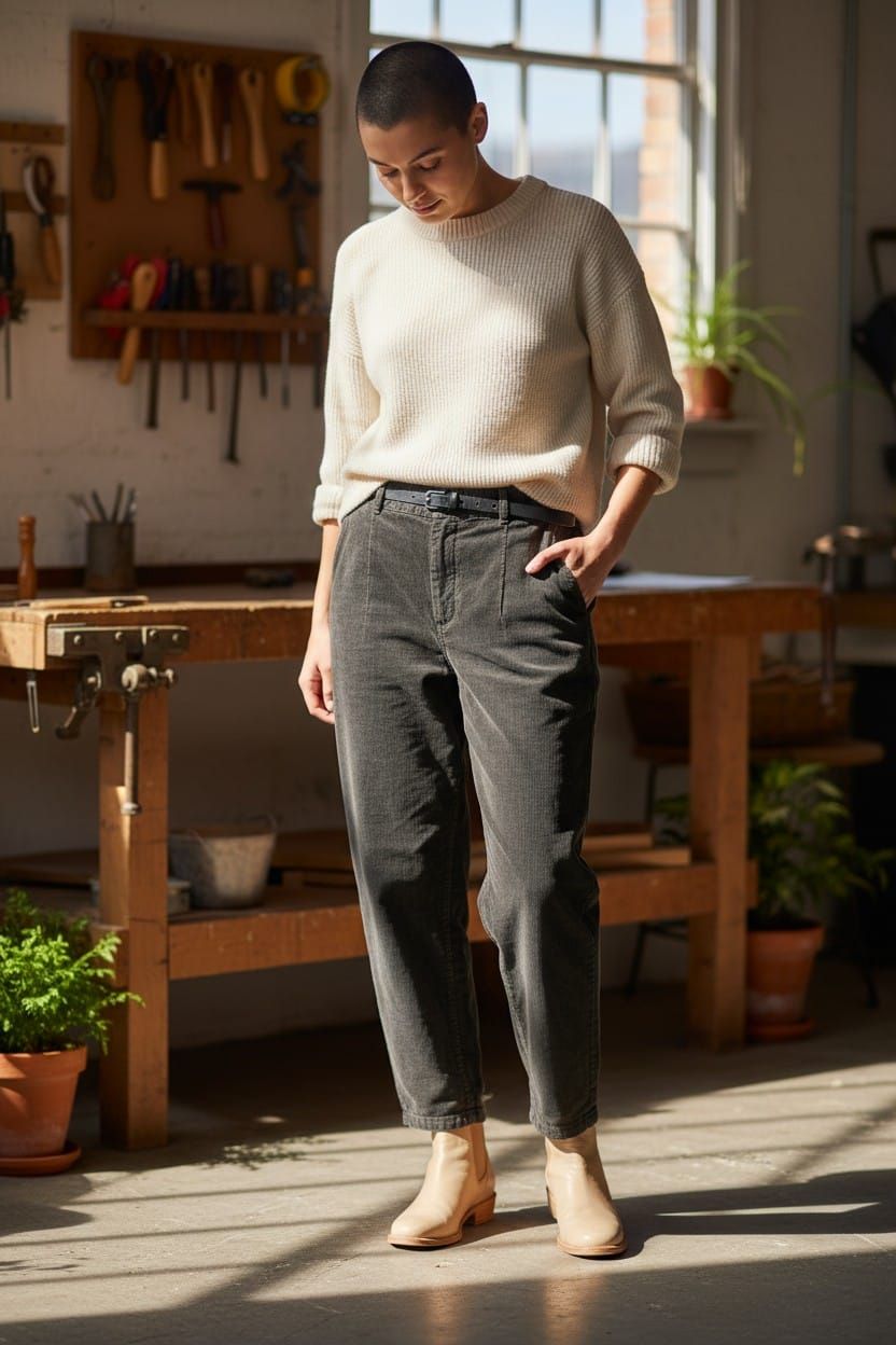 Persona con suéter color crema y pantalones oscuros de pie descalza en un taller iluminado por el sol.