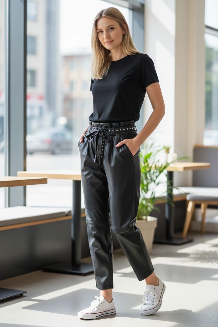 Mujer con suéter color crema y pantalones negros de pie junto a una ventana soleada en una cafetería moderna.