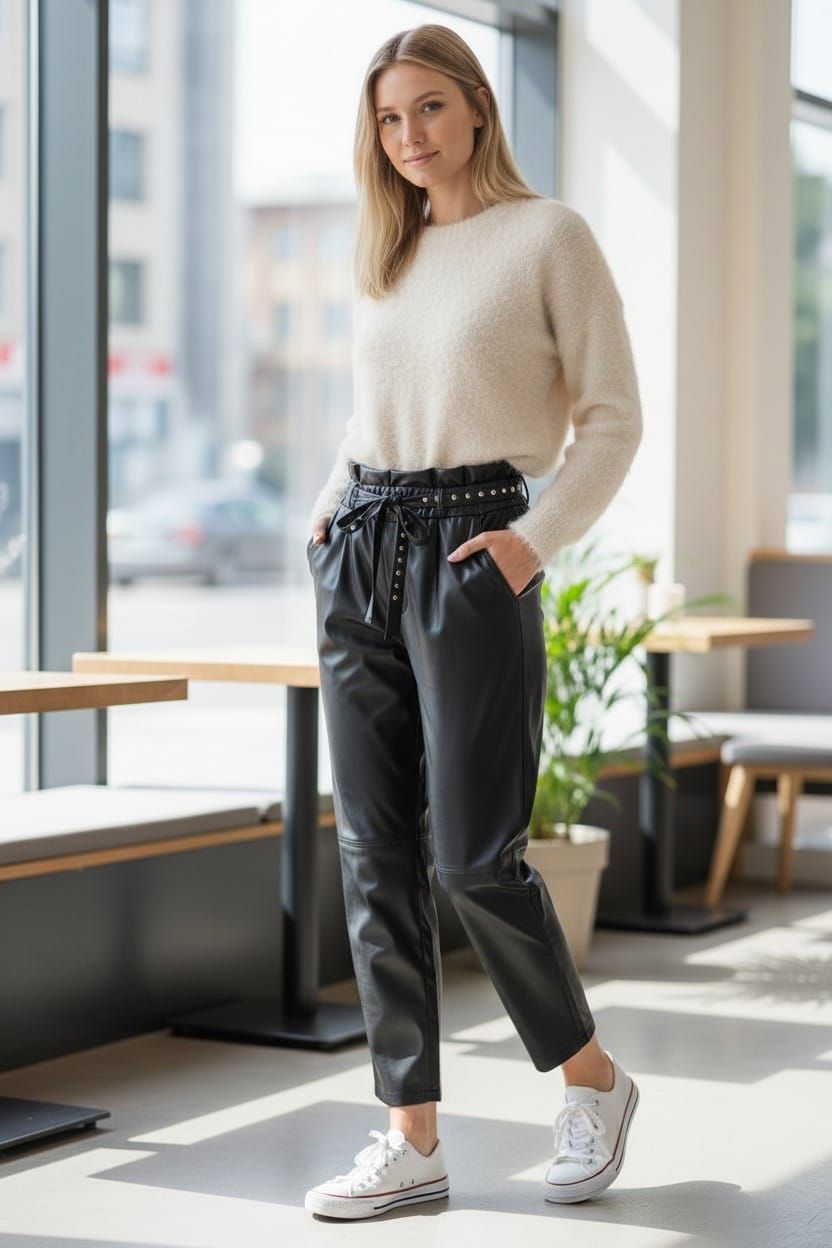 Mujer con suéter color crema y pantalones negros de pie junto a una ventana soleada en una cafetería moderna.