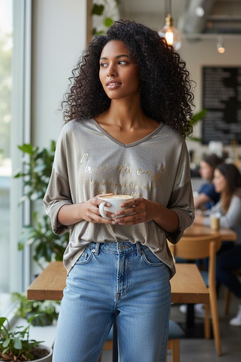 Mujer con blusa gris y vaqueros sosteniendo una taza en una cafetería luminosa.