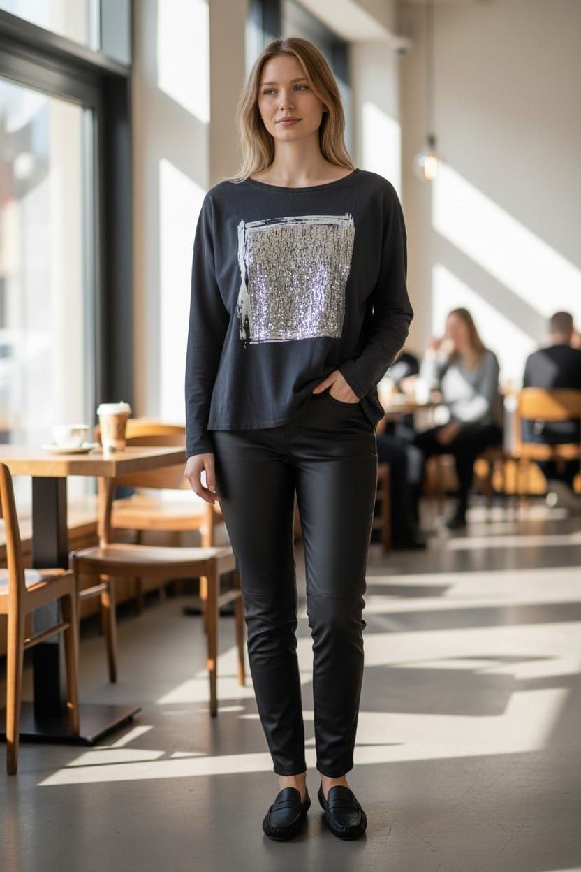 Mujer de pie en una cafetería soleada, vestida con una blusa y pantalones negros, con las manos en los bolsillos.