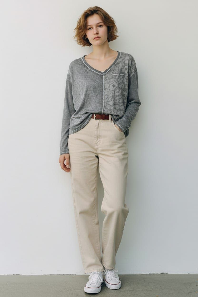 Persona de pie apoyada contra una pared, vestida con una camiseta gris, pantalones beige y zapatillas blancas.