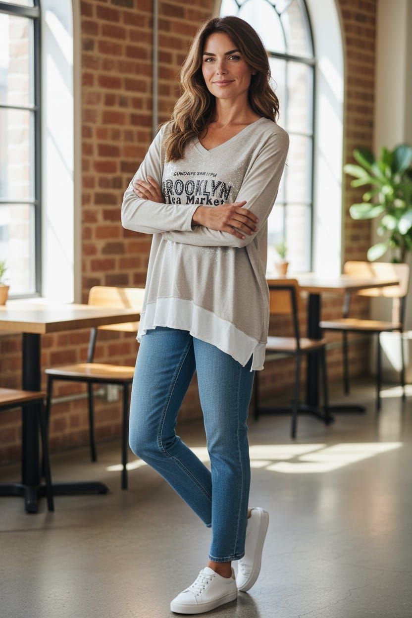 Mujer de pie en una cafetería luminosa, vestida con una blusa beige, vaqueros y zapatillas blancas, con los brazos cruzados.