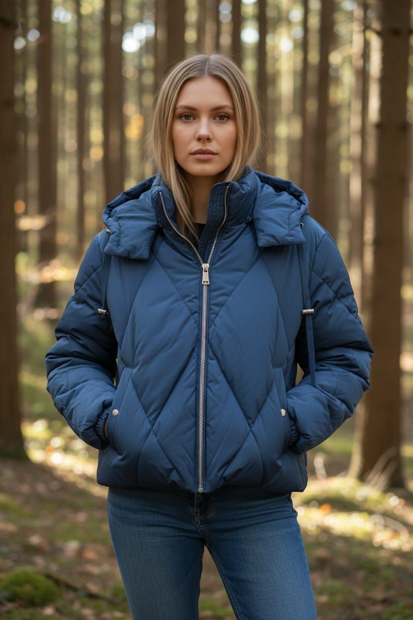 Persona con una chaqueta acolchada azul de pie en un bosque con las manos en los bolsillos.