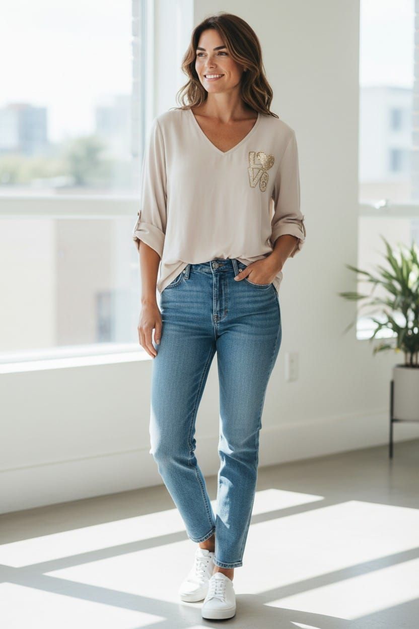 Mujer de pie en una habitación luminosa, vestida con una blusa clara y pantalones marrones, con las manos en los bolsillos.