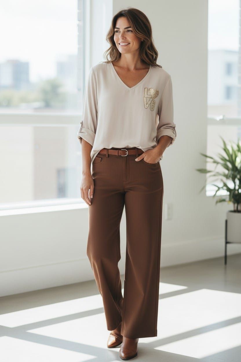 Mujer de pie en una habitación luminosa, vestida con una blusa clara y pantalones marrones, con las manos en los bolsillos.