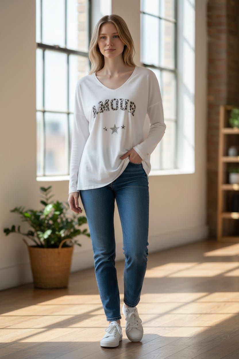 Mujer con sudadera blanca y vaqueros de pie en una habitación soleada con grandes ventanales.