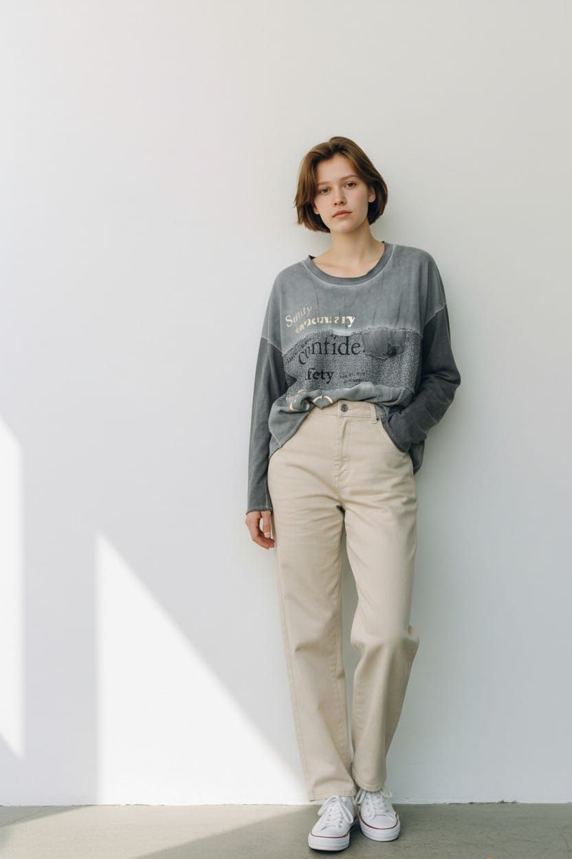 De pie frente a una pared blanca, una persona viste una sudadera gris, pantalones beige y zapatillas blancas.