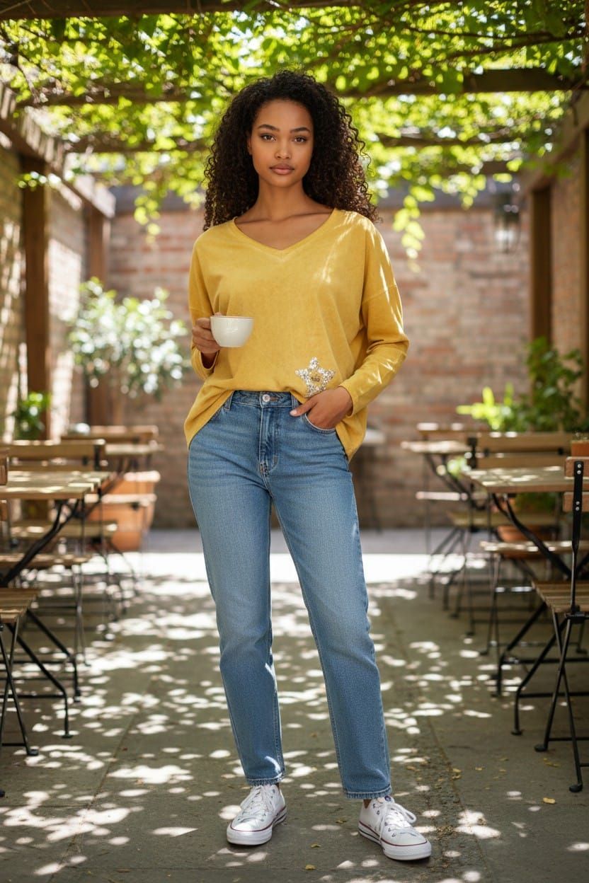 Persona de pie al aire libre con una blusa color mostaza y pantalones vaqueros, con árboles difuminados al fondo.
