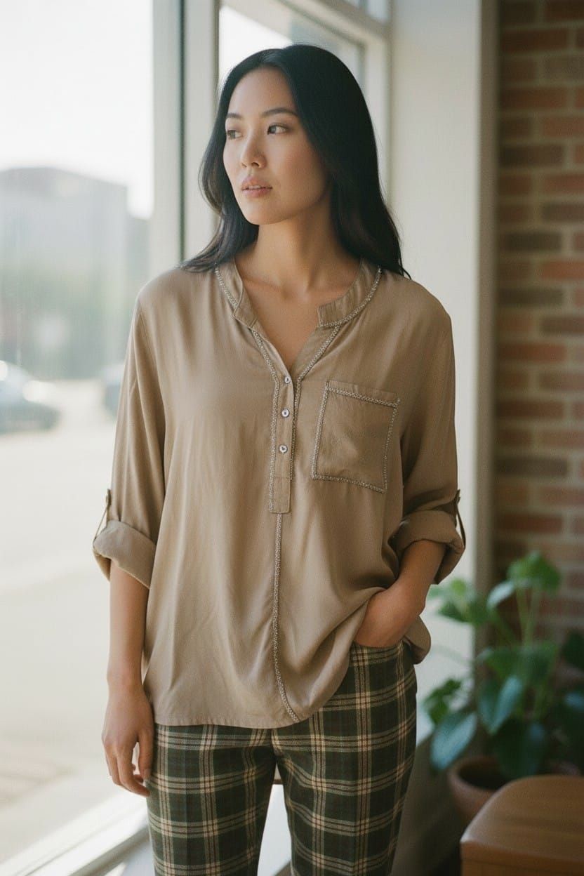 Mujer de pie junto a una ventana, con blusa beige y pantalones a cuadros, con las manos en los bolsillos.