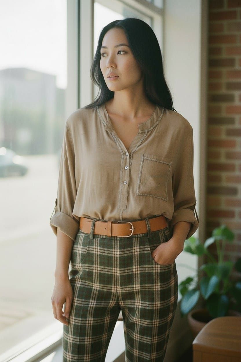 Mujer de pie junto a una ventana, con blusa beige y pantalones a cuadros, con las manos en los bolsillos.