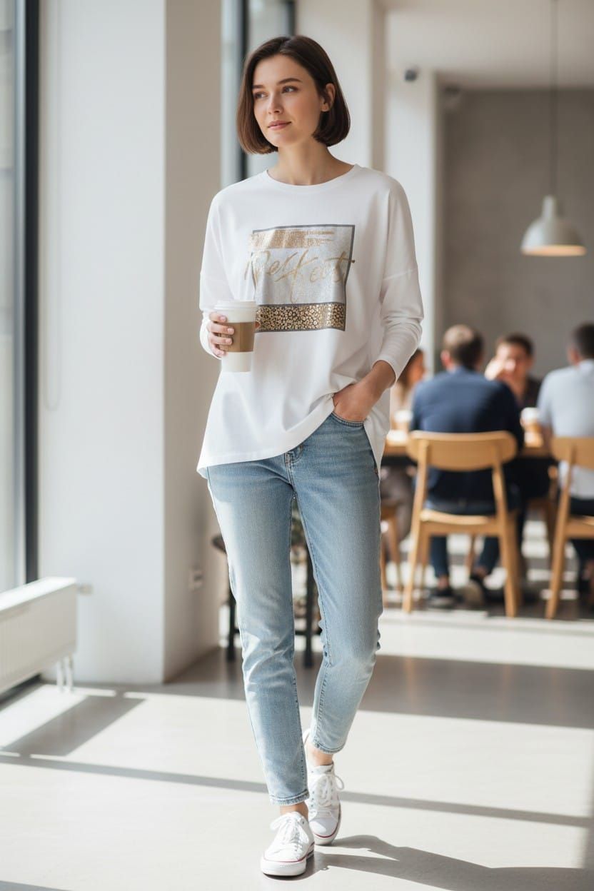 Mujer con blusa blanca y jeans entrando a un lugar mientras sostiene una taza de café.