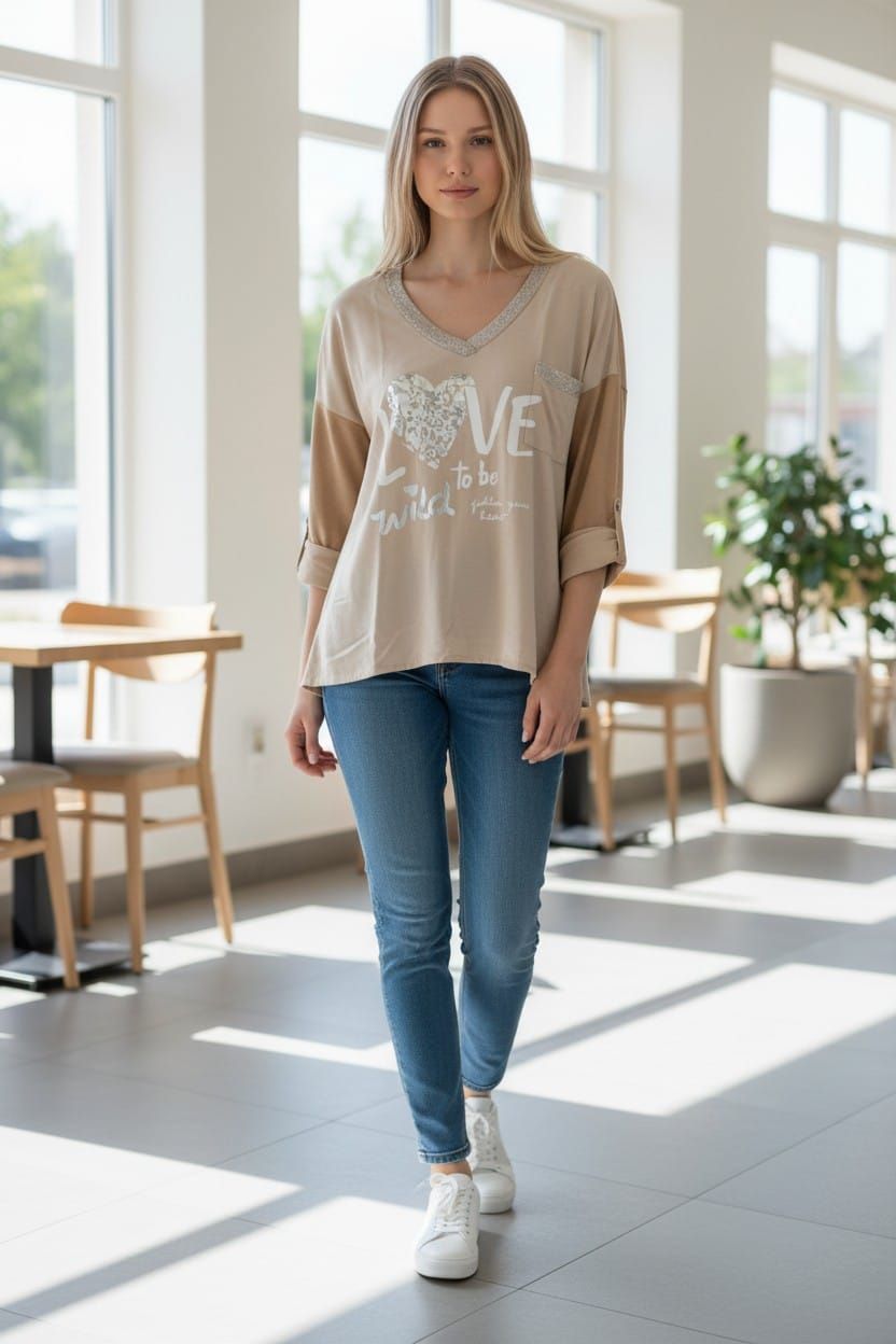 Mujer de pie en una habitación luminosa, vestida con una blusa beige, vaqueros y zapatillas blancas.