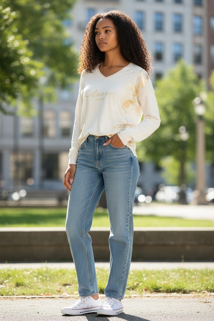 Mujer de pie al aire libre en un parque soleado, vestida con una blusa blanca, vaqueros azules y zapatillas blancas.