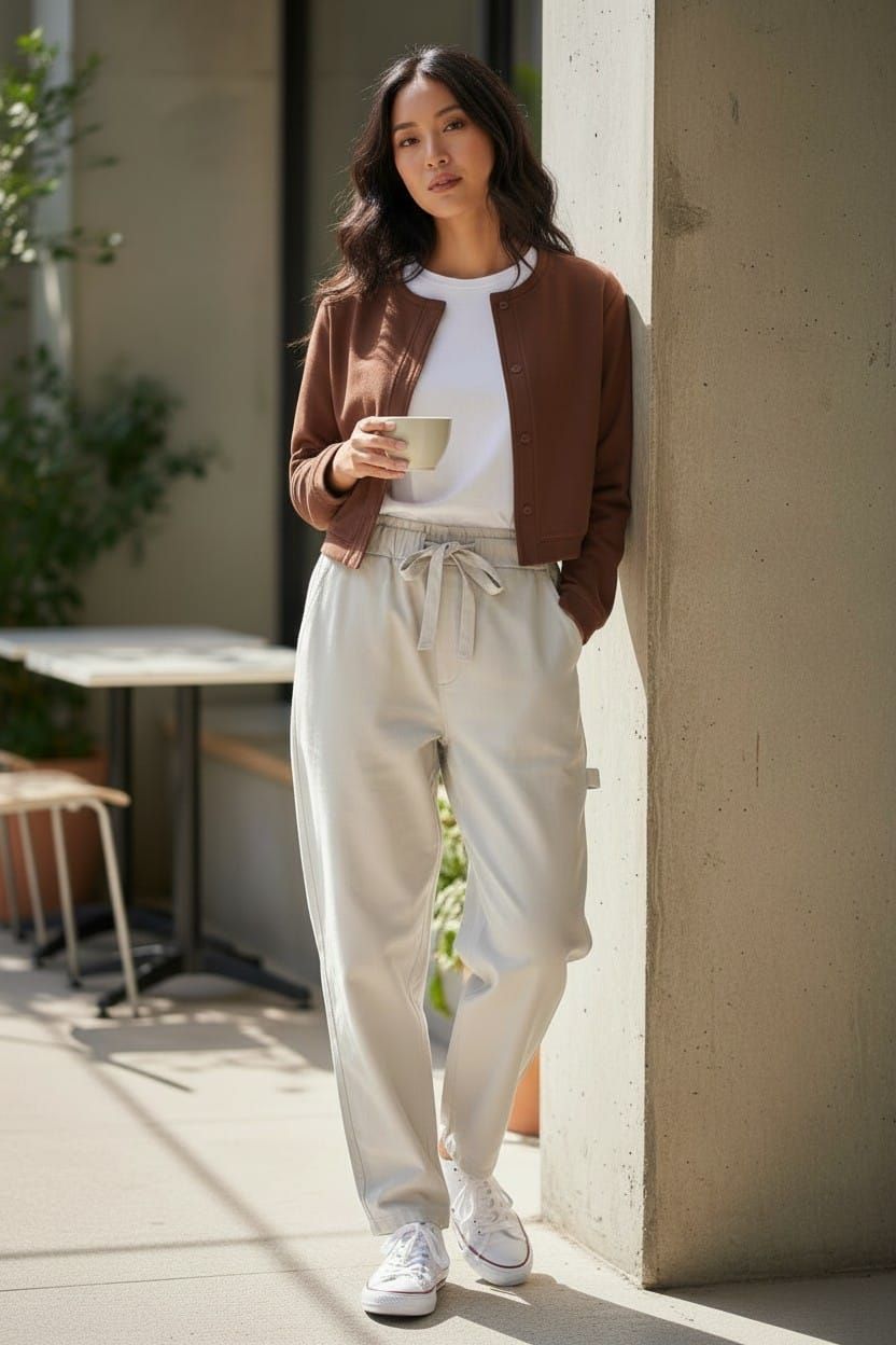 Mujer con cárdigan marrón y pantalones beige de pie al aire libre, sosteniendo una taza de café.