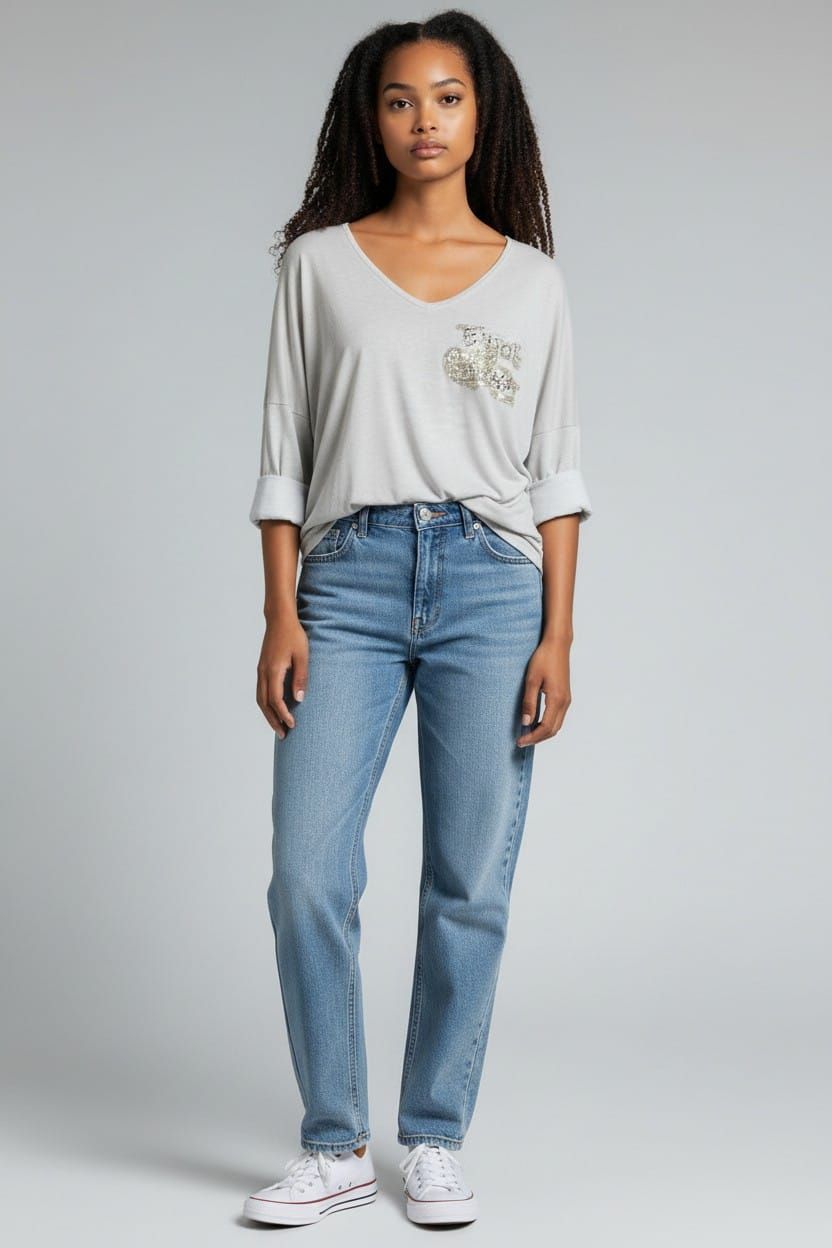 Mujer de pie con una camiseta gris, vaqueros azules y zapatillas blancas sobre un fondo liso.