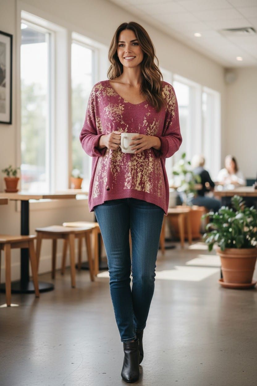 Mujer entrando en una oficina luminosa, sosteniendo una taza y vistiendo una blusa rosa y jeans.
