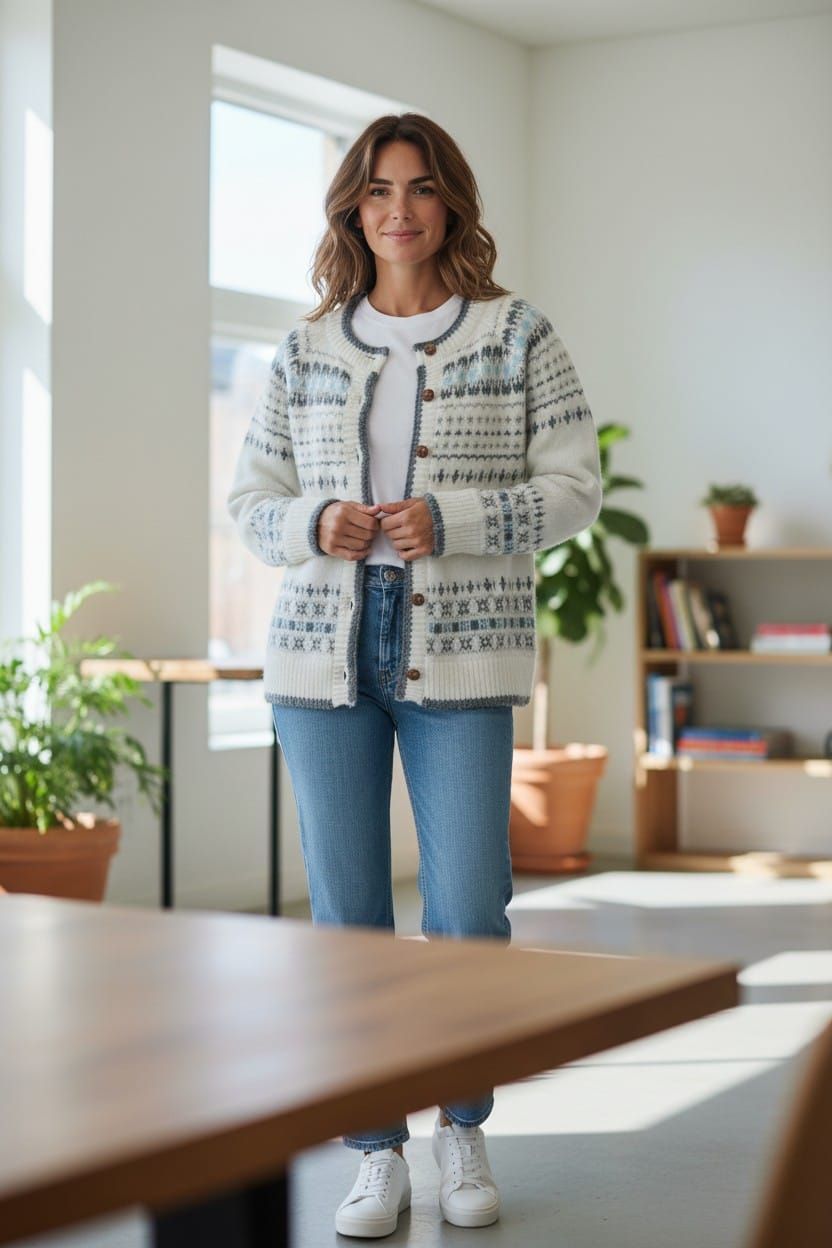 Mujer de pie en una habitación soleada cerca de una mesa, vestida con un cárdigan estampado y vaqueros.