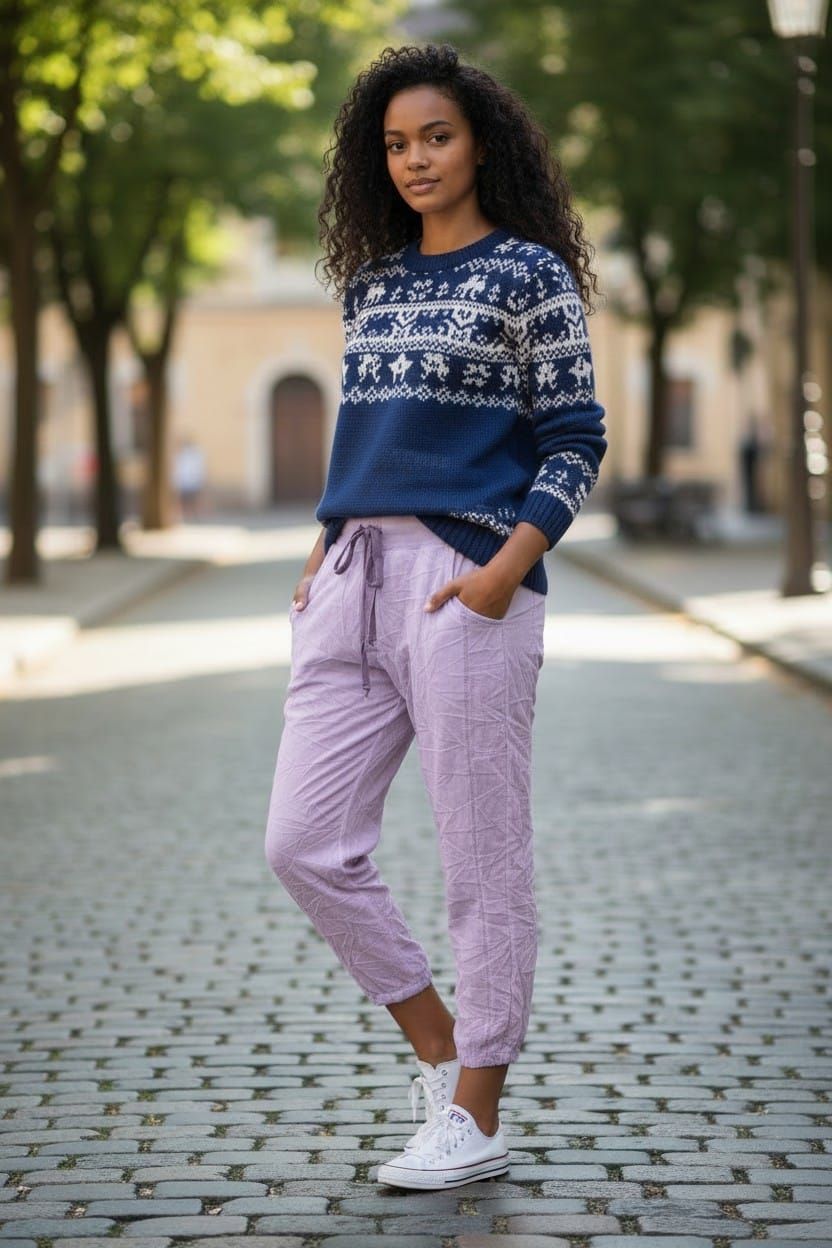 Mujer de pie en una calle arbolada, vestida con un suéter azul marino estampado, pantalones lila y zapatillas blancas.