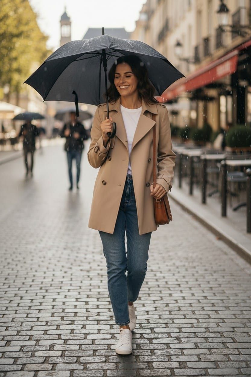 Mujer caminando con un paraguas negro por una calle empedrada bajo la lluvia, vestida con un abrigo color canela y vaqueros.