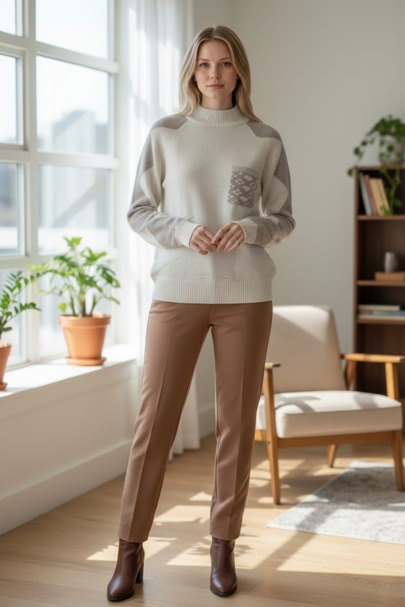Mujer de pie en una habitación luminosa junto a una ventana, vestida con un suéter color crema y pantalones marrones.