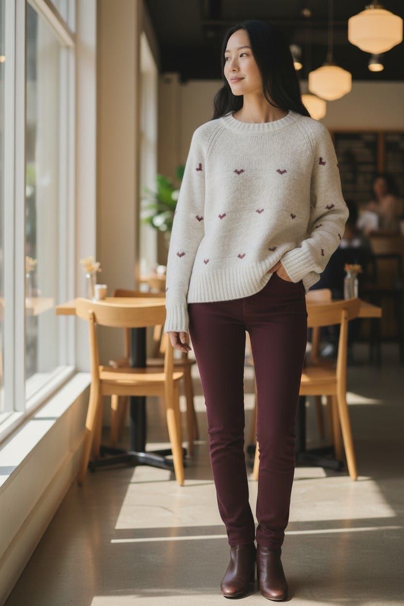 Una mujer, de pie en una cafetería, vestida con un jersey color crema y pantalones color burdeos, mira por la ventana.