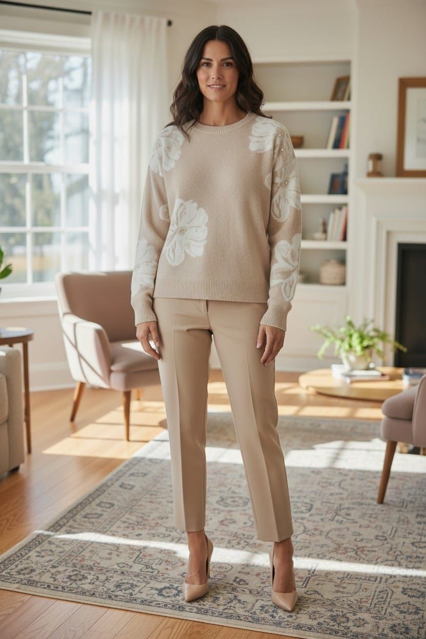Mujer de pie en una luminosa sala de estar, vestida con un suéter beige, pantalones y tacones.