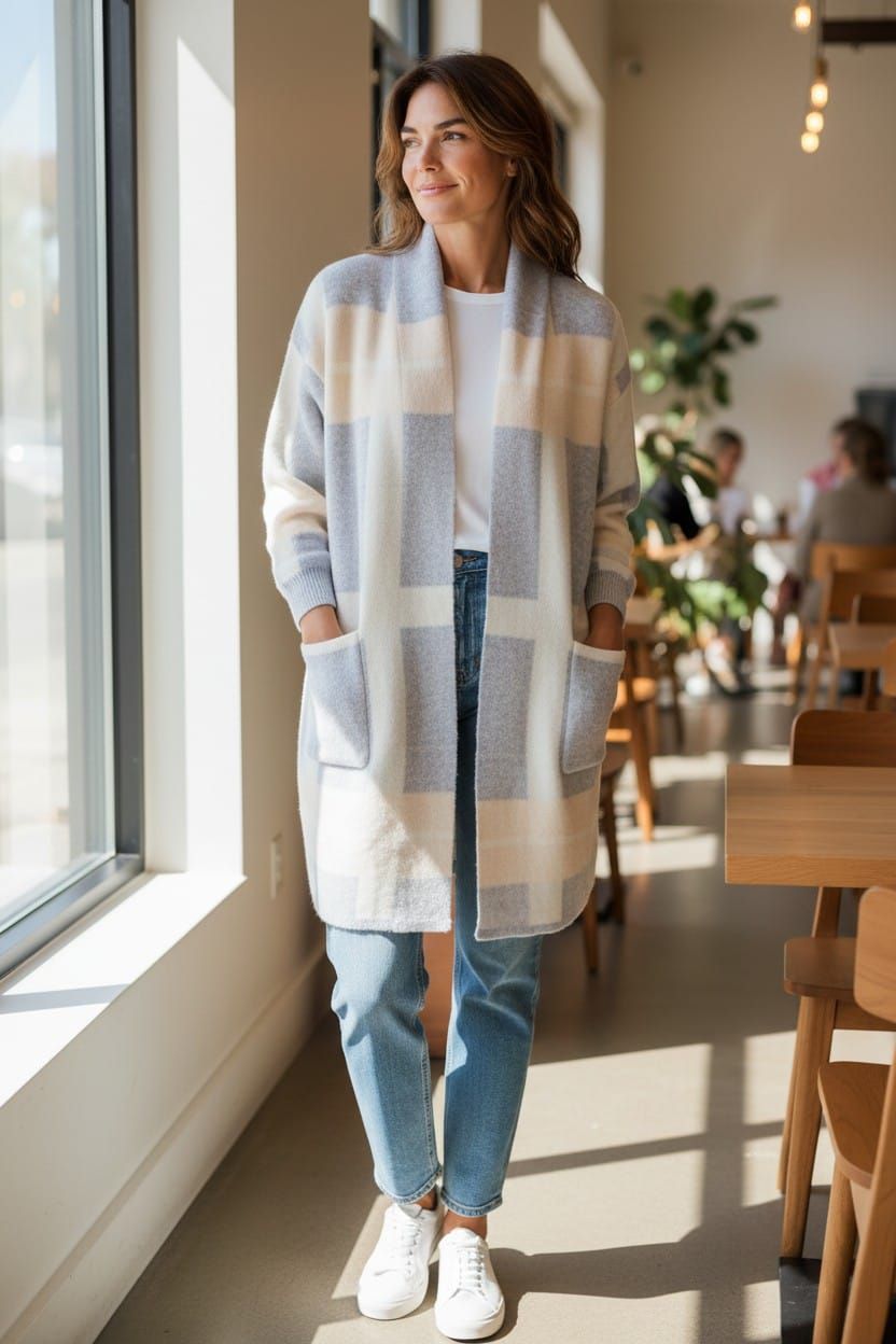 Mujer de pie junto a la ventana de una cafetería luminosa, vestida con un cárdigan de cuadros, vaqueros y zapatillas blancas.