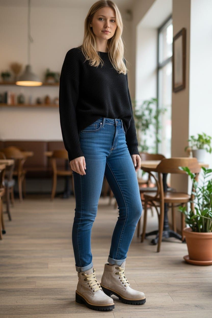 Mujer de pie en el interior de una habitación acogedora, vestida con un suéter negro, jeans azules y botas beige.