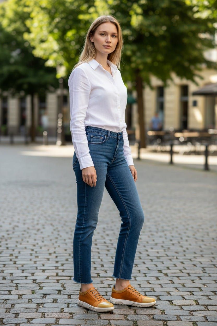 Mujer de pie en una calle empedrada, vestida con una camisa blanca, vaqueros azules y zapatillas deportivas color canela.
